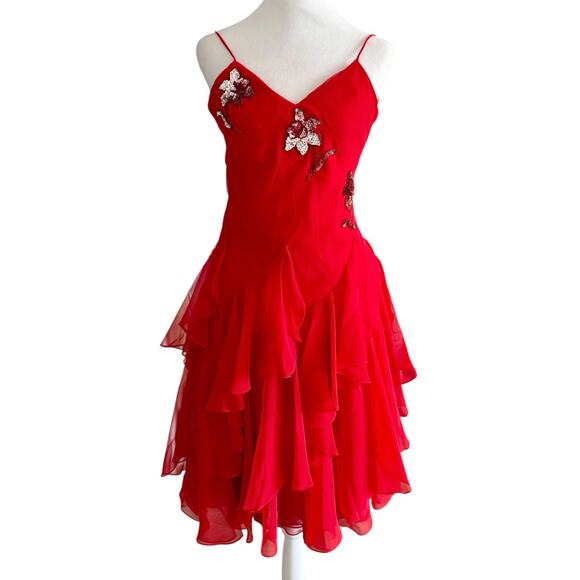 VTG Y2K Red Silk Sequin Midi Cocktail Dress Gown Fairy Ruffle XS Ethereal Prom - Picture 1 of 12